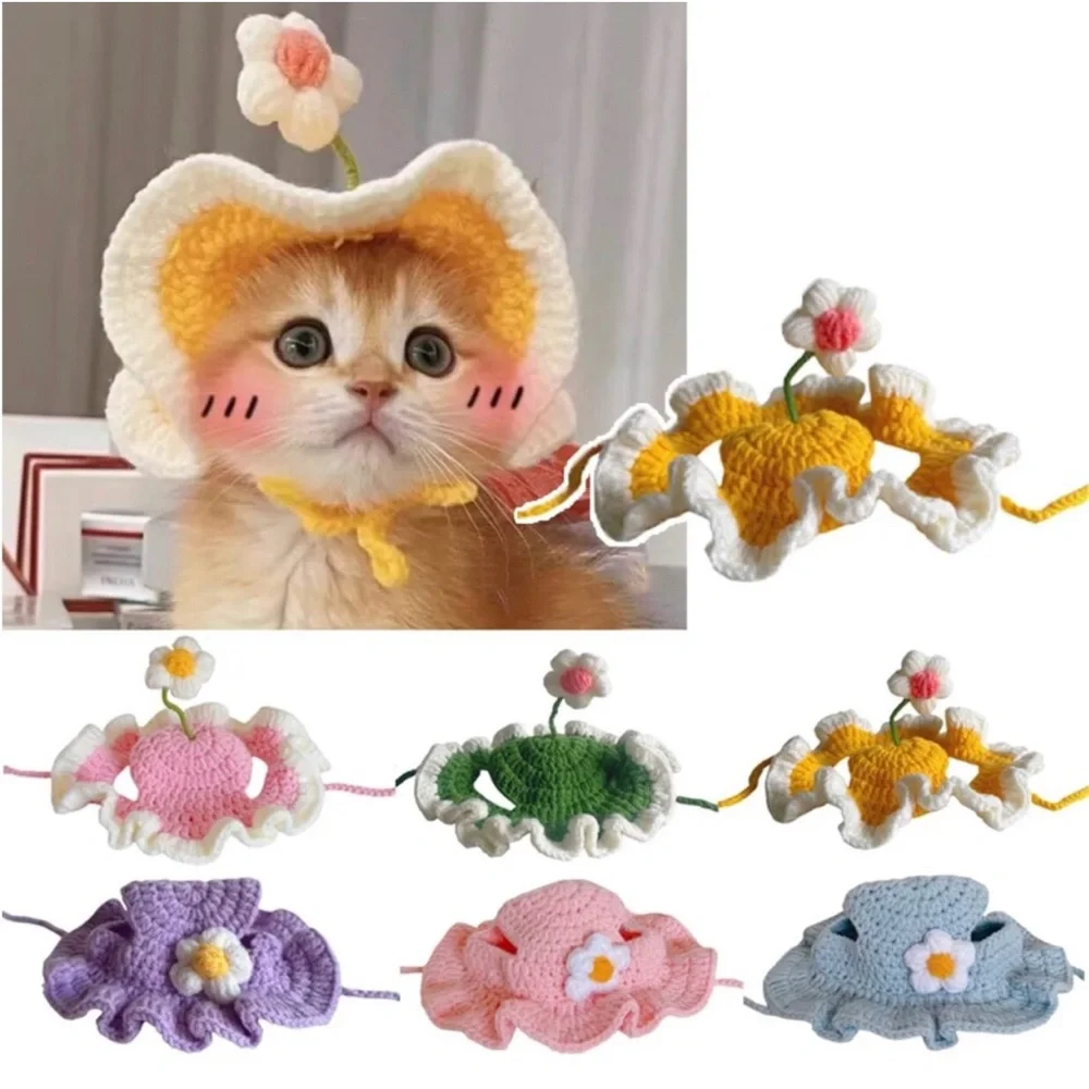 Cat or Dog Crochet Ruffle Sun Hat with Flower - Yellow and White